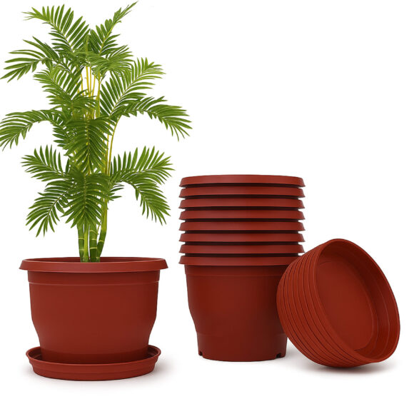 12 Inch Virgin Plastic Round Decor Brown Flowerpot with Drip Trays - Pack of 10