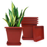 9 Inch Square Premium Virgin Plastic Decor Brown Flowerpot - Pack of 5