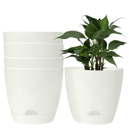 7 Inch Self Watering Premium Virgin Plastic White Pot - Pack of 5